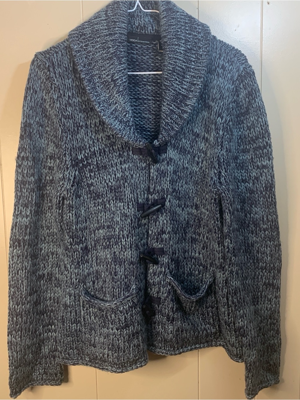 Women’s M Moda International Blue-Black Marled Shawl-Collar Toggle Cardigan